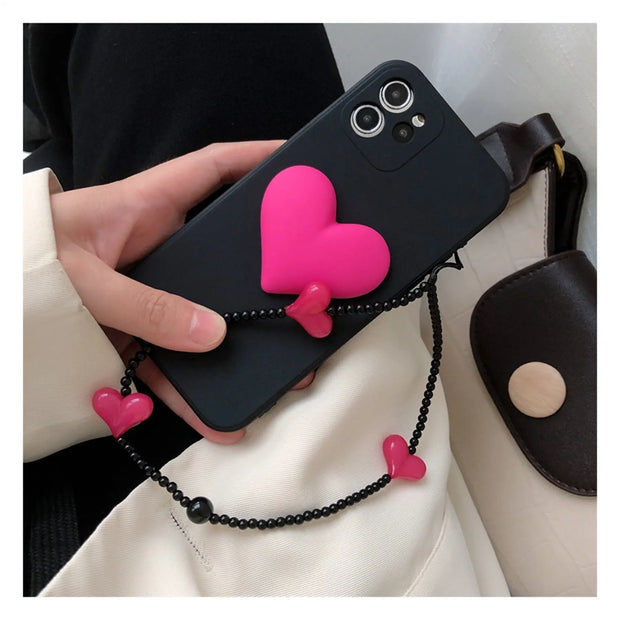 Big 3D Heart Phone Case - Black Phone Case with Pink Heart and Chain Bracelet for iPhone 11, 12, SE, 13, 14, Pro, Pro Max Wicked Tender