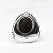 Large Brown Onyx Sterling Silver Ring - Polished Gemstone Evil Eye Ring with Flower Plant Design Wicked Tender