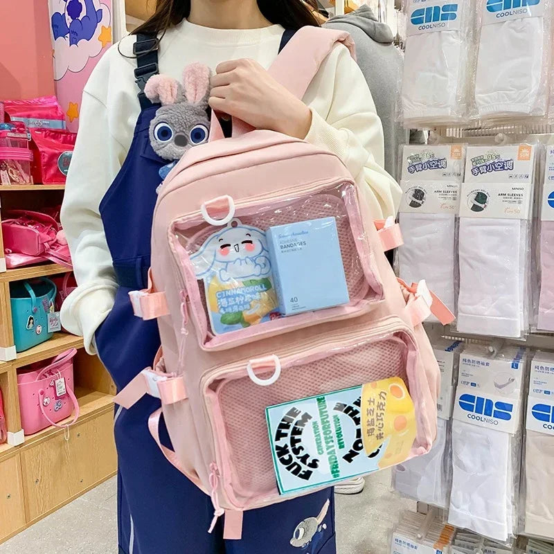 Y2K Kawaii Clear-Pocket Charm Backpack in Pastel & Black | Wicked
