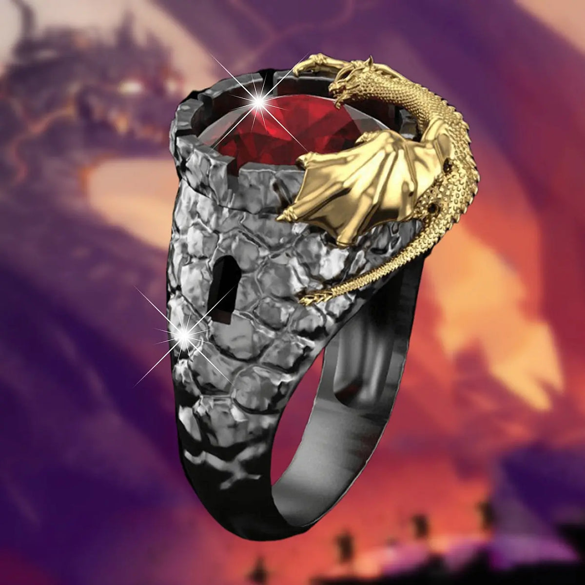 Gothic Dragon Ruby Ring Lava Pool Dragon Ring Large Black Dragon