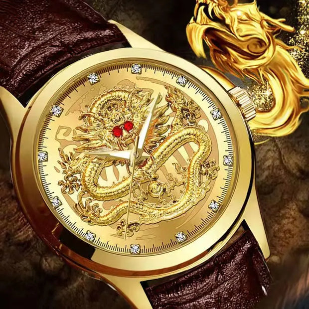 Dragon's Treasure - Gold Face Leather Band Watch, Chinese Dragon Art, Men Green Dial Watches, Vintage Gold Watch, Dragon Ball Watch Wicked Tender