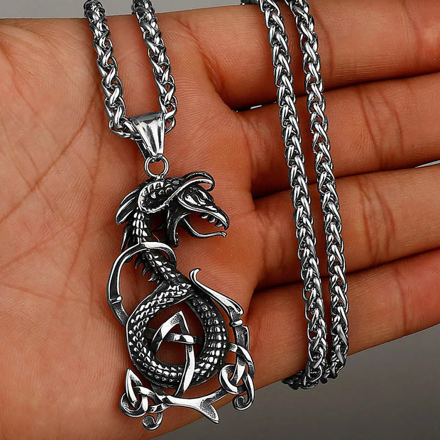 Viking Necklace Jormungandr’s Rage Dragon Pendant Necklace - Large World Serpent Viking Necklace Wicked Tender