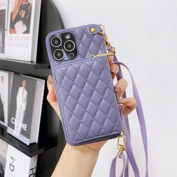 iphone case with card holder Soft Leather Zipper Wallet iPhone Case with Card Holder - Chic Diamond Lattice iPhone Case with Strap for iPhone 11, 12, SE, 13, 14, Pro, Pro Max Wicked Tender