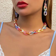 3-Piece Clear Rainbow Acrylic Boho Jewelry Set - Thick Colourful Vintage Necklace, Earrings, and Bracelet Chains Wicked Tender