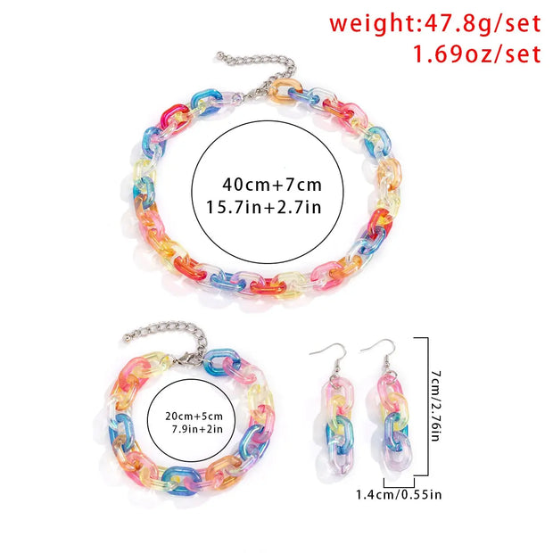 3-Piece Clear Rainbow Acrylic Boho Jewelry Set - Thick Colourful Vintage Necklace, Earrings, and Bracelet Chains Wicked Tender