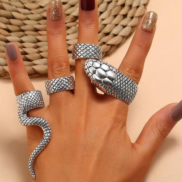 4 Pcs Snake Ring Set - Thick Vintage Metal Boho Midi Rings, Gothic Steampunk Halloween Costume Accessories Wicked Tender