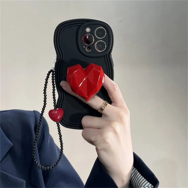 Black Phone Case with Red 3D Poly Heart Pop Socket - Big 3D Heart Phone Case with Chain for iPhone 11, 12, SE, 13, 14, Pro, Pro Max, Plus Wicked Tender