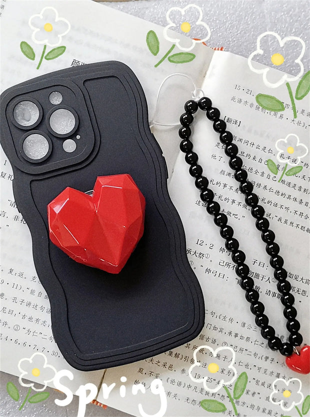 Black Phone Case with Red 3D Poly Heart Pop Socket - Big 3D Heart Phone Case with Chain for iPhone 11, 12, SE, 13, 14, Pro, Pro Max, Plus Wicked Tender