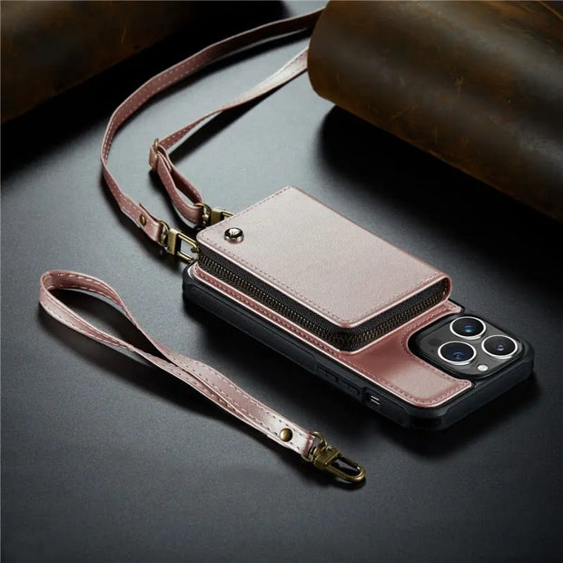 Chic Voyage - Crossbody iPhone Case with Zipper Wallet and Leather Strap Chic iPhone Case for Women Solid Color White Red Black Blue Rose Gold Coffee Best Phone Case for Traveling for iPhone 11, 12, 13, 14, Pro, Pro Max, Mini Wicked Tender