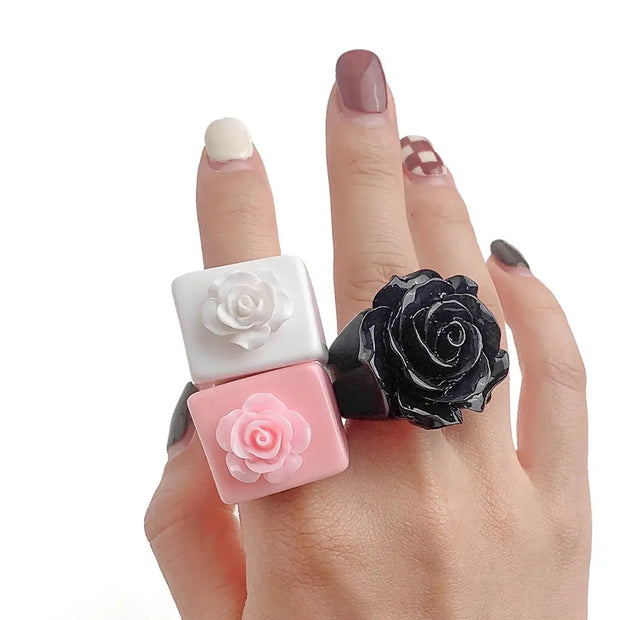 Chunky Candy Ring Sets - 3Pcs Colourful Square Knuckle Rings with Rivets, Studs, Hearts, Flowers Wicked Tender