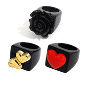 Chunky Candy Ring Sets - 3Pcs Colourful Square Knuckle Rings with Rivets, Studs, Hearts, Flowers Wicked Tender