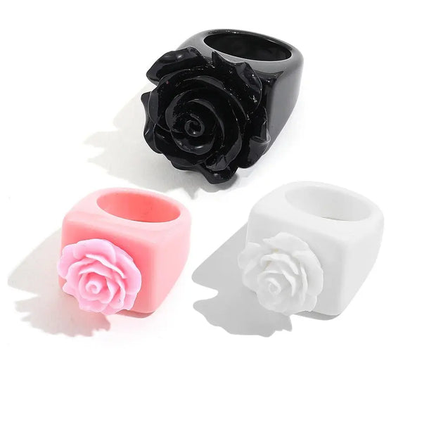 Chunky Candy Ring Sets - 3Pcs Colourful Square Knuckle Rings with Rivets, Studs, Hearts, Flowers Wicked Tender