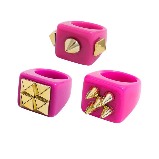 Chunky Candy Ring Sets - 3Pcs Colourful Square Knuckle Rings with Rivets, Studs, Hearts, Flowers Wicked Tender