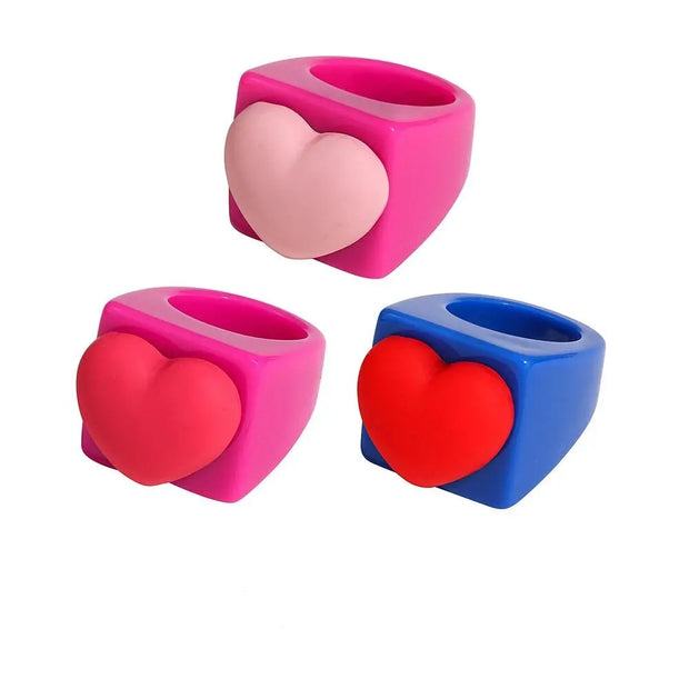 Chunky Candy Ring Sets - 3Pcs Colourful Square Knuckle Rings with Rivets, Studs, Hearts, Flowers Wicked Tender