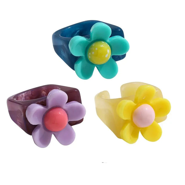 Chunky Candy Ring Sets - 3Pcs Colourful Square Knuckle Rings with Rivets, Studs, Hearts, Flowers Wicked Tender