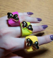 Chunky Candy Ring Sets - 3Pcs Colourful Square Knuckle Rings with Rivets, Studs, Hearts, Flowers Wicked Tender