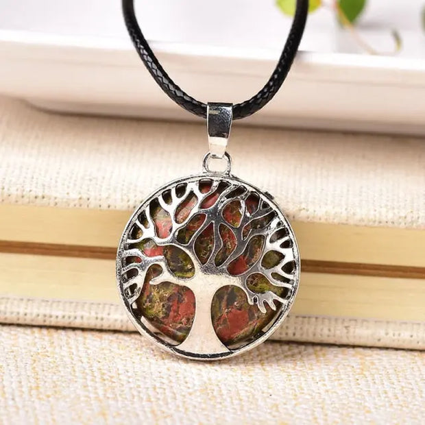 Circle Tree of Life Caged Gemstone Pendant Necklace - Obsidian, Tiger Eye, Malachite & More Wicked Tender