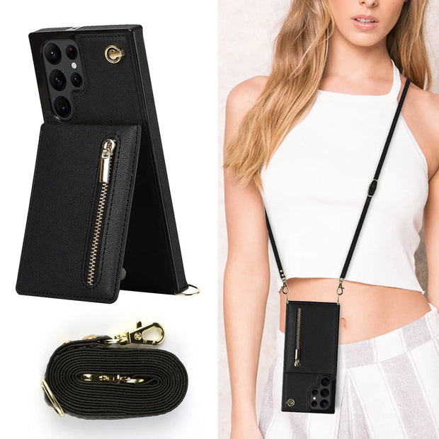 Crossbody Lanyard Samsung Phone Case with Zipper Wallet - Solid Color with Cardholder and Strap, Chic Samsung Phone Case for Women for Samsung Galaxy S9, S10, S20, S21, S22, S23, Plus, Ultra, FE Wicked Tender