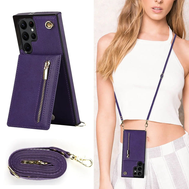 Crossbody Lanyard Samsung Phone Case with Zipper Wallet - Solid Color with Cardholder and Strap, Chic Samsung Phone Case for Women for Samsung Galaxy S9, S10, S20, S21, S22, S23, Plus, Ultra, FE Wicked Tender