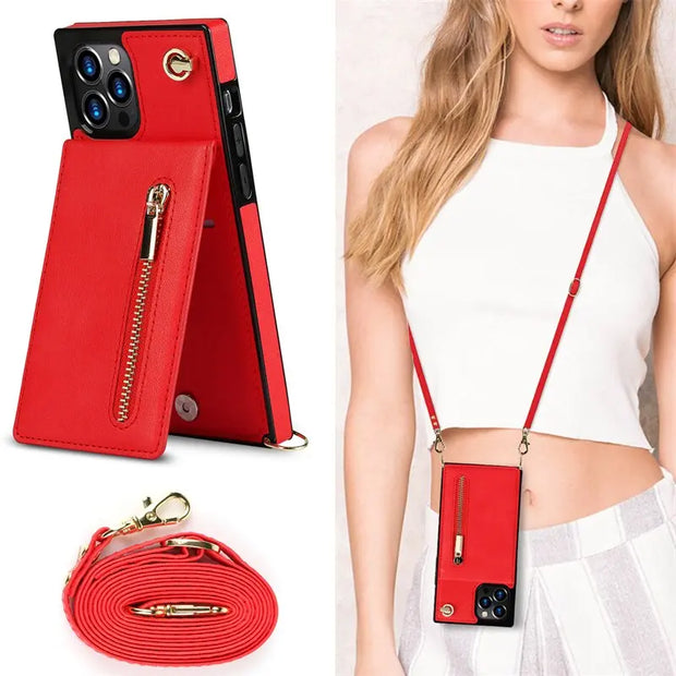 Crossbody Lanyard iPhone Case with Zipper Wallet - Solid Color Leather iPhone Case with Cardholder and Strap, Chic iPhone Case for Women for iPhone 11, 12, 13, 14, Pro, Pro Max, Mini, XS, XR, SE Wicked Tender