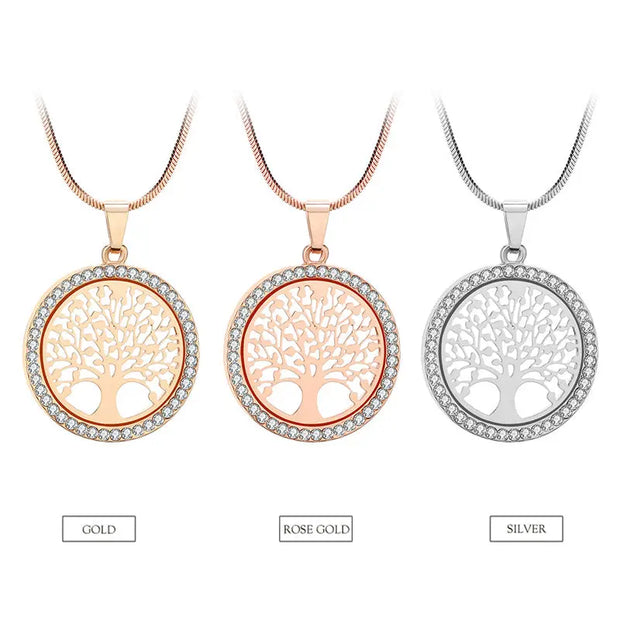 Crystal Rim Tree of Life Pendant Necklace - Snake Chain Small Pendant Necklace in Gold, Silver, Rose Gold Wicked Tender