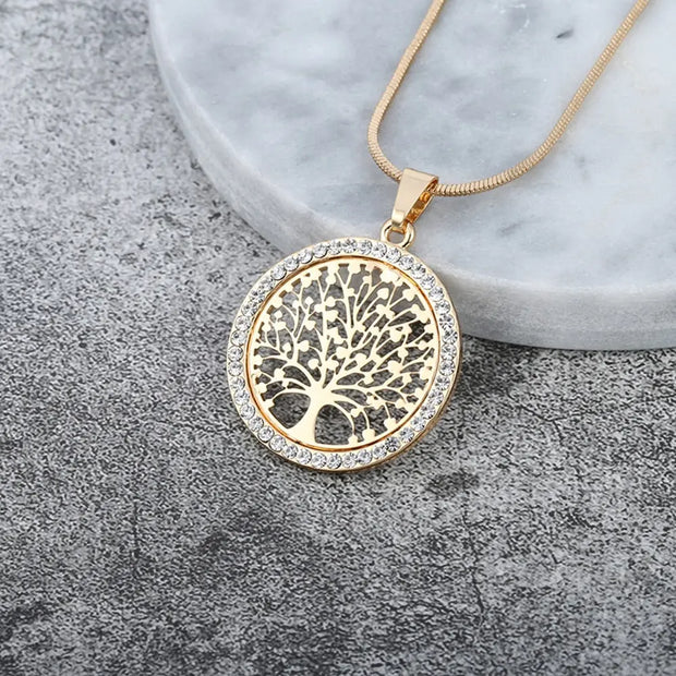 Crystal Rim Tree of Life Pendant Necklace - Snake Chain Small Pendant Necklace in Gold, Silver, Rose Gold Wicked Tender