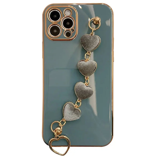 Heart Bracelet Phone Case - Phone Case with Heart Chain Colorful Heart Phone Holder Selfie Phone Case Blue Pink Sage Green Lavender Grey Off White Solid Plating Phone Case for iPhone 11, 12, 13, 14, Pro, Pro Max Wicked Tender