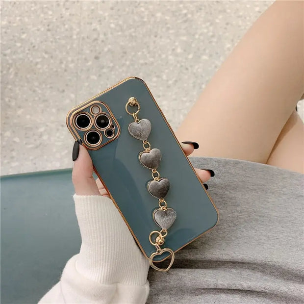Heart Bracelet Phone Case - Phone Case with Heart Chain Colorful Heart Phone Holder Selfie Phone Case Blue Pink Sage Green Lavender Grey Off White Solid Plating Phone Case for iPhone 11, 12, 13, 14, Pro, Pro Max Wicked Tender