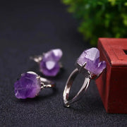Irregular Amethyst Chunk Gemstone Ring - Adjustable Silver Tone Ring with Raw Crystal Gemstone Cluster Wicked Tender