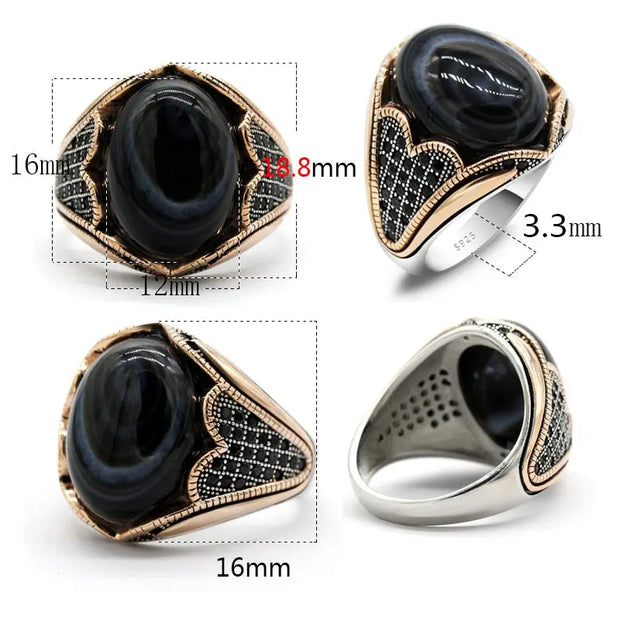 Large Black Agate Sterling Silver Ring - Polished Gemstone Ring with Cubic Zirconium Inlay Wicked Tender