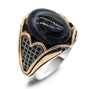 Large Black Agate Sterling Silver Ring - Polished Gemstone Ring with Cubic Zirconium Inlay Wicked Tender
