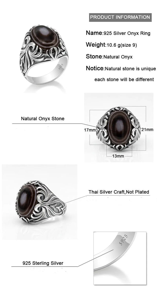 Large Brown Onyx Sterling Silver Ring - Polished Gemstone Evil Eye Ring with Flower Plant Design Wicked Tender