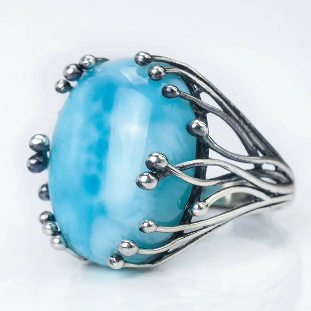 Large Oval Larimar Sterling Silver Ring with Prong Setting - Resizable Blue Topaz Gemstone Ring Wicked Tender