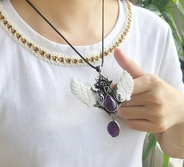 Large White Angel Wing Double Gemstone Pendant Necklace - Amethyst, Obsidian, Tiger Eye and More Wicked Tender