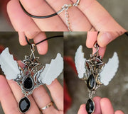 Large White Angel Wing Double Gemstone Pendant Necklace - Amethyst, Obsidian, Tiger Eye and More Wicked Tender