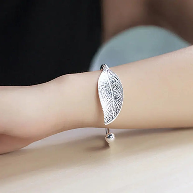 Leaf Shaped Sterling Silver Minimal Bracelet - Nature Inspired Cuff Bangle Wicked Tender