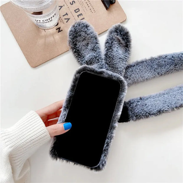 Leopard Print Soft Bunny Ears Phone Case - Fluffy Bunny iPhone Case Cute iPhone Case for Girls Plush Cartoon Phone Case iPhone Case with Crossbody Lanyard iPhone iPhone 11, 12, 13, 14, Pro, Pro Max, Plus Wicked Tender