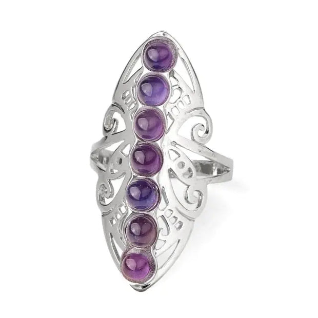 Long Flower of Life Gemstone Ring Adjustable Size - 7 Chakra Stone, Amethyst, Rose Quartz, and More Wicked Tender