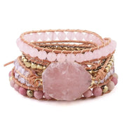 Natural Rose Quartz Pink Gemstone Bohemian Bracelet Set  - Multi Layer with Tree of Life Pendant Wicked Tender