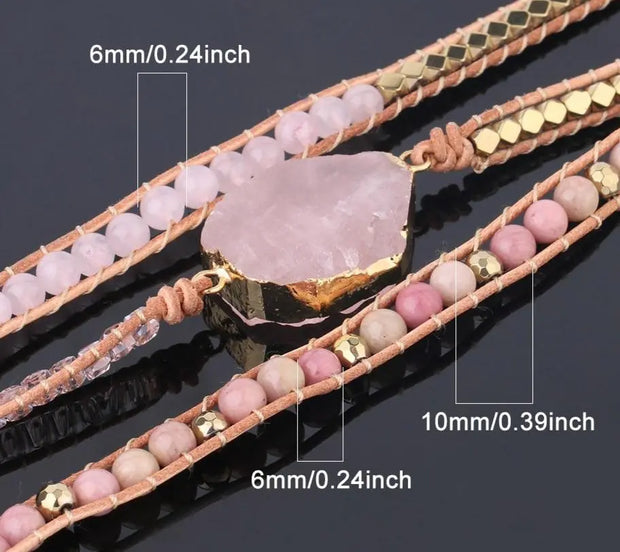 Natural Rose Quartz Pink Gemstone Bohemian Bracelet Set  - Multi Layer with Tree of Life Pendant Wicked Tender