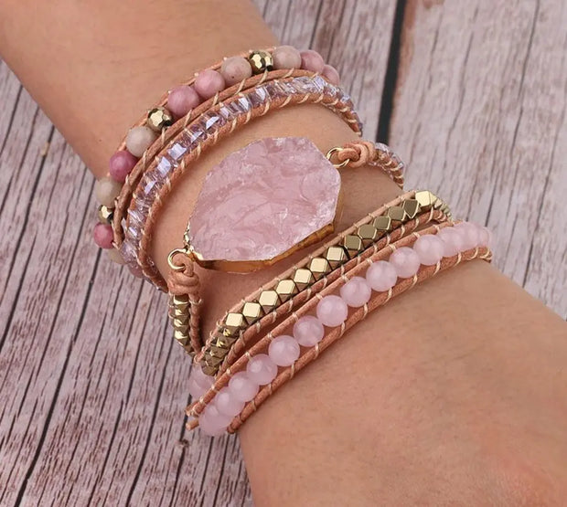 Natural Rose Quartz Pink Gemstone Bohemian Bracelet Set  - Multi Layer with Tree of Life Pendant Wicked Tender