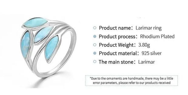 Olive Branch Larimar Gemstone Sterling Silver Ring - Platinum Plated Blue Topaz Ring Wicked Tender