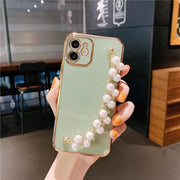 Pastel Pearl Bracelet Phone Case - Luxury Pearl Chain iPhone Case White Pearl Phone Holder Gold Electroplated Phone Case Cute iPhone Case for Girls for iPhone 11, 12, 13, 14, Pro, Pro Max, Mini, Plus, SE Wicked Tender