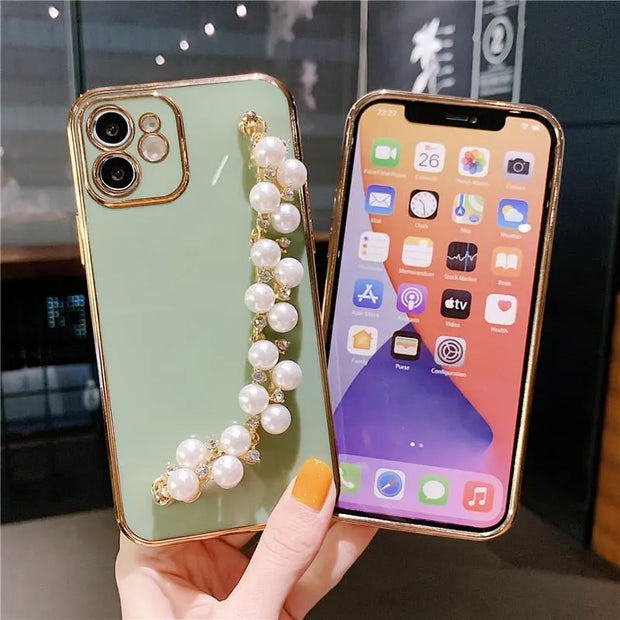 Pastel Pearl Bracelet Phone Case - Luxury Pearl Chain iPhone Case White Pearl Phone Holder Gold Electroplated Phone Case Cute iPhone Case for Girls for iPhone 11, 12, 13, 14, Pro, Pro Max, Mini, Plus, SE Wicked Tender