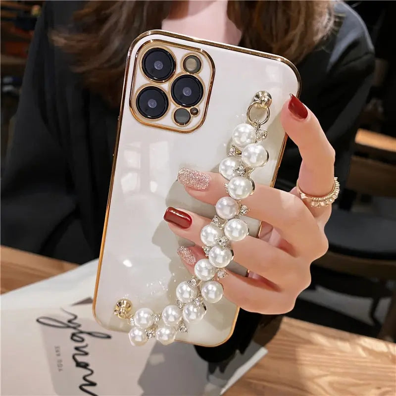 Electroplated iPhone Case with Pearl Chain, For iPhone 13 Pro Max / Green Electroplated iPhone Case with Pearl Chain, For iPhone 13 Pro Max / Green