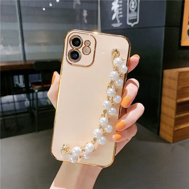 Pastel Pearl Bracelet Phone Case - Luxury Pearl Chain iPhone Case White Pearl Phone Holder Gold Electroplated Phone Case Cute iPhone Case for Girls for iPhone 11, 12, 13, 14, Pro, Pro Max, Mini, Plus, SE Wicked Tender