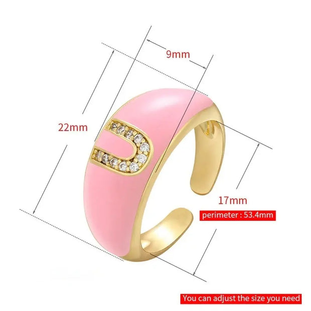 Pink Pastel Initial Letter Ring - Personalized Open Alphabet Ring with Inlaid Zircon Wicked Tender