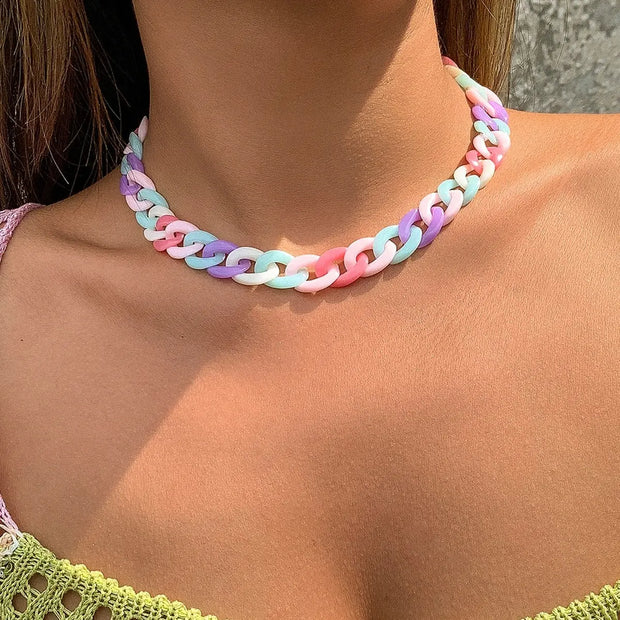 Rainbow Cuban Chain Choker - Thick Colourful Pastel Necklace Wicked Tender