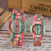 Round Rainbow Pastel Bamboo Wood Quartz Watch - Multi-colour Wooden Bezel Watch with Classic Roman Numerals or Minimal Dial Wicked Tender