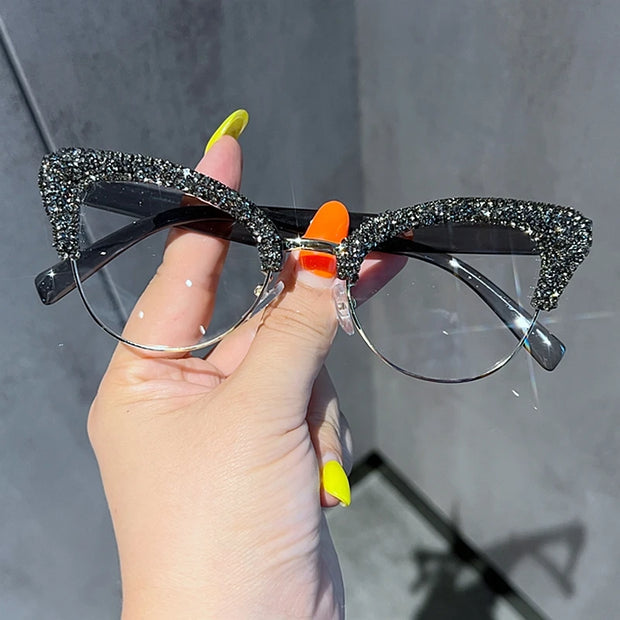 Glamorous Rhinestone Embellished Statement Glasses - Crystal-Studded Blue Light Women Oversized Rhinestone Blue Glasses Frame Ladies Stylish  main image 4